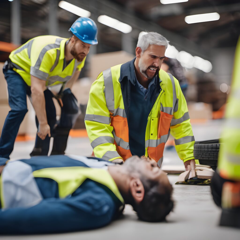 an unconscious man injured after an accident at work with his colleagues trying to help