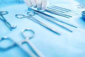 Surgical instruments lay on a sterile field