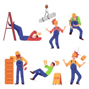 A set of cartoon images depicting workplace accidents, such as injuries from lifting heavy objects.