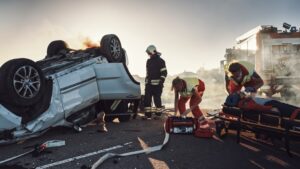 First responders at the scene of a serious car accident. A firefighter examines the car while paramedics attended to a casualty.