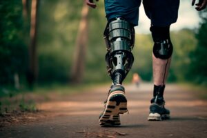 A person with a prosthetic left leg walking in a park.