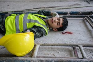 A young male construction worker laying on his back with his eyes closed and helmet in his hand. There is blood on the floor behind his head and a ladder beneath his helmet. 