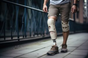 A man walking down the street wearing a prosthetic leg.