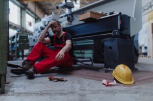 INJURED FACTORY WORKER SEATED BY MACHINERY AND CONSIDERING MAKING AN ACCIDENT AT WORK CLAIM