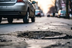 A close up image of a pothole in the road