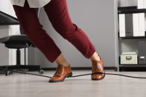 A woman trips over a cable left on the floor of an office.